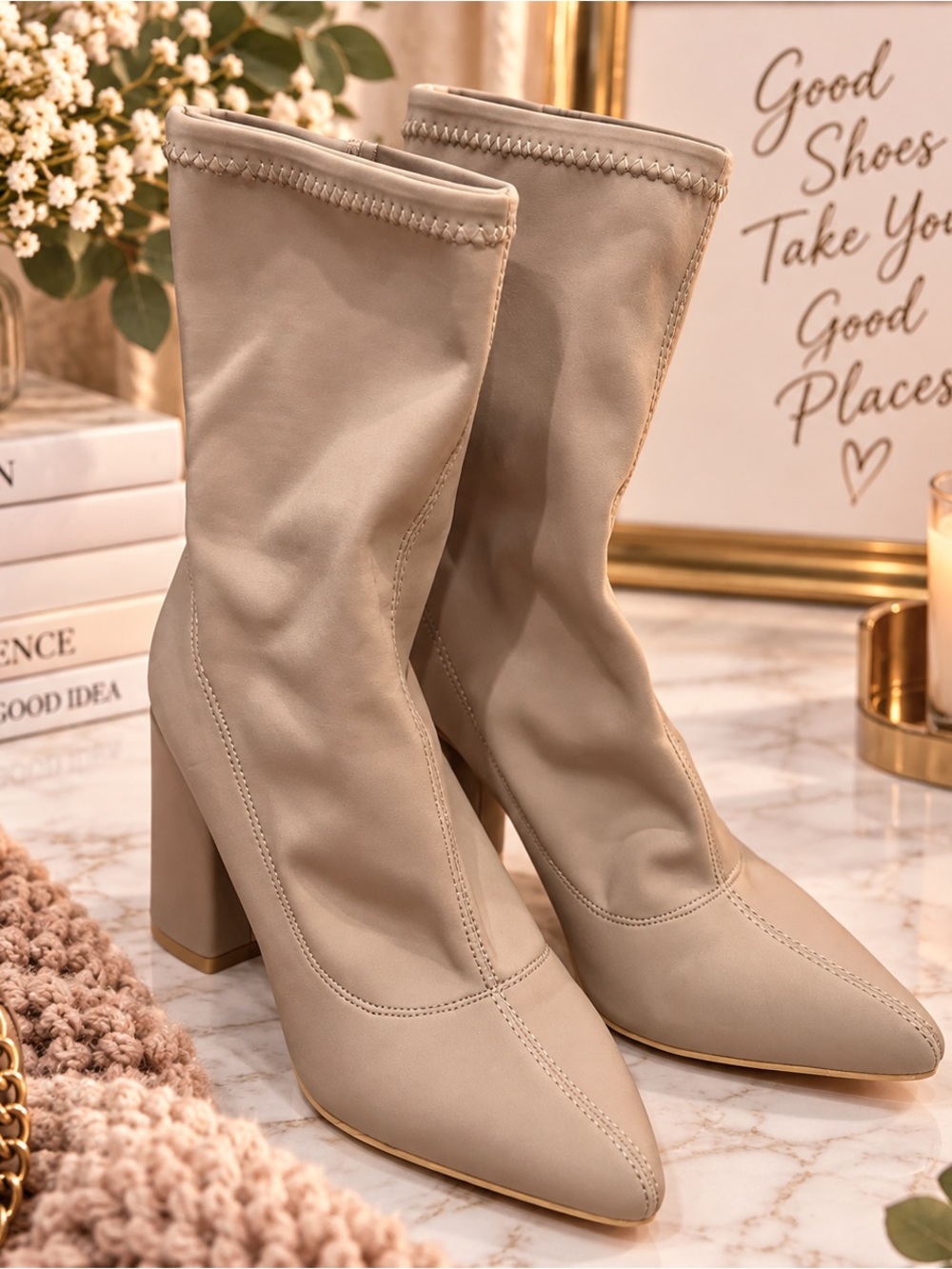 No Doubt Beige Nude Sock Ankle Boots Block Heel Pointed Toe Booties - Picture 2 of 4
